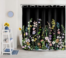 Green Leaf Purple Wildflower on Black Shower Curtain Bathroom Accessories Set — custom printed polyester bath curtain