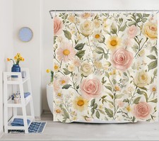 Garden Green Leaf Yellow Daisy Pink Floral Shower Curtain Set for Bathroom Decor — custom printed polyester bath curtain