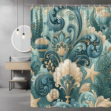 Nautical Floral Shower Curtain Sea Shells and Starfish Print — custom printed polyester bath curtain
