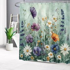 Nature Plant Colorful Wildflower on Teal Shower Curtain Bathroom Accessories Set — custom printed polyester bath curtain