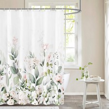 Blooming Bright Blush Pink White Floral Shower Curtain Green Leaves 71x71 — custom printed polyester bath curtain