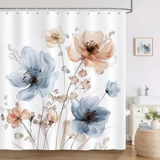 Watercolor Floral Shower Curtain, Tan Blue Wildflower Modern Flower Bathroom — custom printed polyester bath curtain