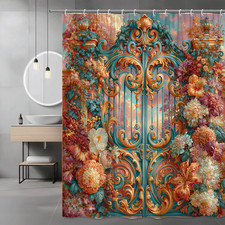 Floral Gate Shower Curtain, Teal and Gold Ornate Garden Print — custom printed polyester bath curtain