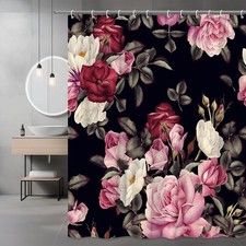 Floral Printed Shower Curtain - Black Background with Roses — custom printed polyester bath curtain