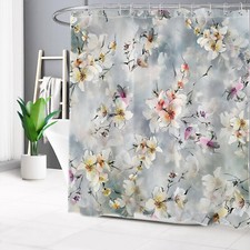 Farmhouse Vintage Plant White Floral Gray Shower Curtain Set for Bathroom Decor — custom printed polyester bath curtain