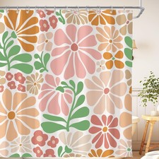 Retro Pink Green Abstract Floral Colorful Shower Curtain Groovy 72x72 Inch — custom printed polyester bath curtain