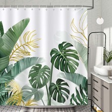 Tropical Leaves Shower Curtain, Green Gold Monstera Palm Banana Leaf Plant Ba... — custom printed polyester bath curtain