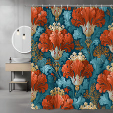 Floral Damask Shower Curtain, Teal Orange Cream Botanical Print — custom printed polyester bath curtain