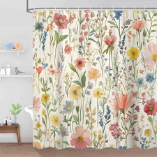 Floral Shower Curtain, Vintage Flower Watercolor Plant Style Shower Curtain Set, — custom printed polyester bath curtain