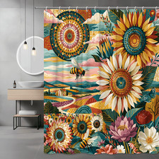 Sunflower Floral Landscape Shower Curtain, Boho Bee Printed Curtain — custom printed polyester bath curtain
