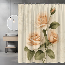 Elegant Floral Shower Curtain with Peach Roses and Green Leaves — custom printed polyester bath curtain