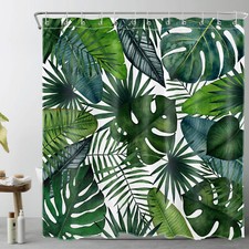 Plant Botanical Green Tropical Palm Leaf Shower Curtain Bathroom Accessories Set — custom printed polyester bath curtain
