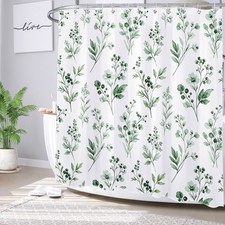 Farmhouse Botanical Leaf Green Floral Shower Curtain Set for Bathroom Decor — custom printed polyester bath curtain