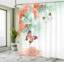 $40 Ambesonne Fabric Shower Curtain Nature Theme Wild Flowers Monarch Flying — custom printed polyester bath curtain