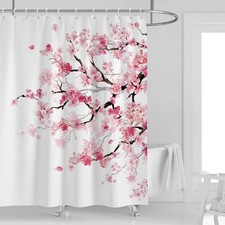 Pink Floral Shower Curtain, Japanese, 12 Hooks, 60" W x 72" L — custom printed polyester bath curtain