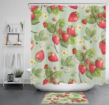 Green Leaf Yellow Floral Red Strawberry Shower Curtain Bathroom Accessories Set — custom printed polyester bath curtain