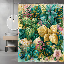 Tropical Floral Leaves Shower Curtain, Green Gold Botanical Print — custom printed polyester bath curtain