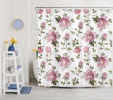 Green Leaf Pink Rose Floral Valentine Shower Curtain Set for Bathroom Decor — custom printed polyester bath curtain