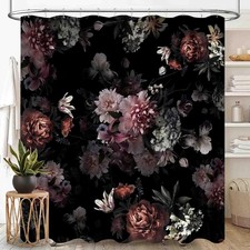 Black Floral Shower Curtains, Vintage Boho Floral Peony Rose Flower Blossom B... — custom printed polyester bath curtain
