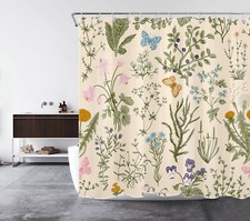 Green Leaf Butterfly Colorful Flower Beige Shower Curtain Set for Bathroom Decor — custom printed polyester bath curtain