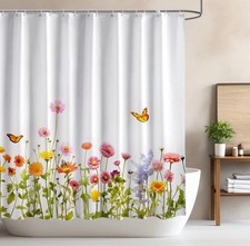 Floral Shower Curtain, 72x72 Inch, White Polyester, Waterproof, 12 Hooks, Spring — custom printed polyester bath curtain