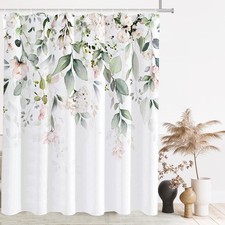 Blushing Bright Blush White Floral Shower Curtain Watercolor Leaves 72x72 In — custom printed polyester bath curtain