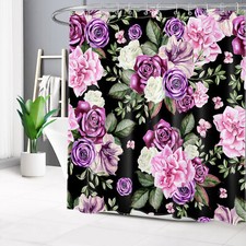 Black Plant Pink Butterfly Purple Floral Shower Curtain Set for Bathroom Decor — custom printed polyester bath curtain