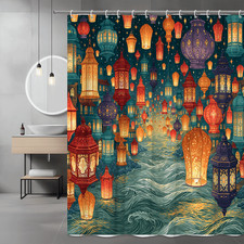 Moroccan Lanterns Shower Curtain, Night Cityscape Water Scene — custom printed polyester bath curtain