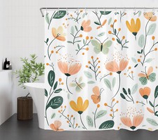 Green Leaves Butterfly Orange Wildflower Shower Curtain Bathroom Accessories Set — custom printed polyester bath curtain