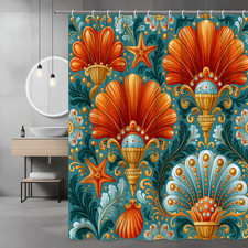 Nautical Shell Starfish Shower Curtain Blue Orange Floral Print — custom printed polyester bath curtain