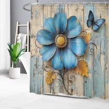 Vintage Rustic Blue Flower and Butterfly Shower Curtain Bathroom Accessories Set — custom printed polyester bath curtain