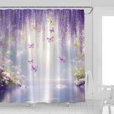 Purple Floral Butterfly Shower Curtain Misty Wisteria Flowers Green Leaves La... — custom printed polyester bath curtain