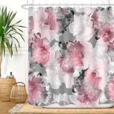 Pink Grey Flower Shower Curtain Watercolor Peony Floral Blooming Greyish Back... — custom printed polyester bath curtain