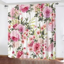 2PCS Polyester Rod Pocket Pink Rose Floral Print Curtains — custom printed polyester bath curtain