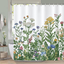 Floral Shower Curtain, Wildflower Botanical Plant Flower Green Leaves Colorful S — custom printed polyester bath curtain