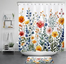 Watercolor Botanical Leaf Colorful Flower Shower Curtain Set for Bathroom Decor — custom printed polyester bath curtain