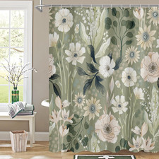 Boho Floral Shower Curtain, Green Botanical Fabric Curtain, 72 X 72 — custom printed polyester bath curtain