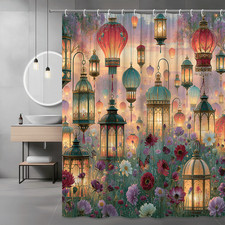 Boho Lantern Floral Shower Curtain, Fantasy Garden Print — custom printed polyester bath curtain