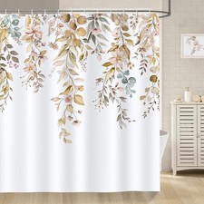 Tan Eucalyptus Shower Curtain Watercolor Leaves Pink Floral 72x72 Inch — custom printed polyester bath curtain