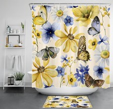 Retro Yellow Butterfly Blue Floral Beige Shower Curtain Bathroom Accessories Set — custom printed polyester bath curtain