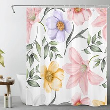 Rustic Green Leaf Yellow and Pink Floral Shower Curtain Set for Bathroom Decor — custom printed polyester bath curtain