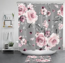 Spring Retro Watercolor Pink Floral Shower Curtain Bathroom Accessories Set — custom printed polyester bath curtain