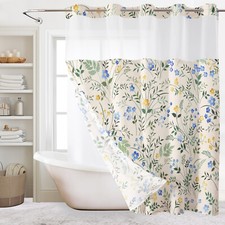 No Hook Shower Curtain and Liner Set Plant Blue Wildflower Beige Shower Curtain — custom printed polyester bath curtain