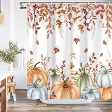 Fall Pumpkins Watercolor Eucalyptus Leaves Fabric Shower Curtain Hooks 60x71" — custom printed polyester bath curtain