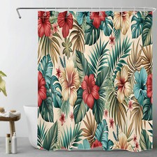 Tropical Plant Green Leaf Red Floral Beige Shower Curtain Set for Bathroom Decor — custom printed polyester bath curtain