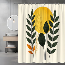 Boho Floral Shower Curtain with Yellow Sun and Green Leaves — custom printed polyester bath curtain