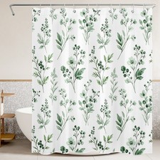 Farmhouse Botanical Leaf Green Floral Shower Curtain Set for Bathroom Decor — custom printed polyester bath curtain