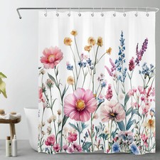 Autumn Pink and Blue Flower Fall Floral Shower Curtain Set for Bathroom Decor — custom printed polyester bath curtain
