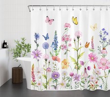 Watercolor Butterfly Mushroom Flower Shower Curtain Bathroom Accessories Set — custom printed polyester bath curtain