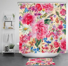 Retro Watercolor Pink Flower on Beige Shower Curtain Set for Bathroom Decor — custom printed polyester bath curtain
